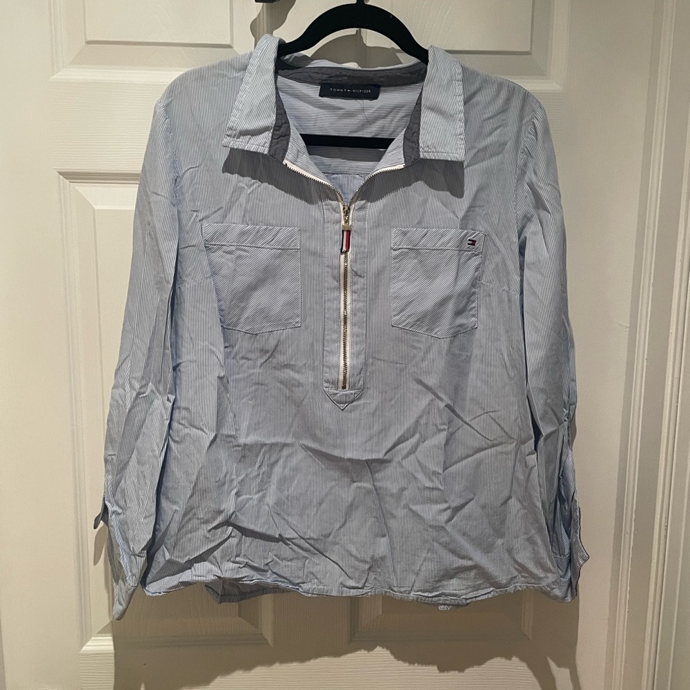 Tommy Hilfiger Blue/White Striped 3/4 Sleeve Blouse Size Large